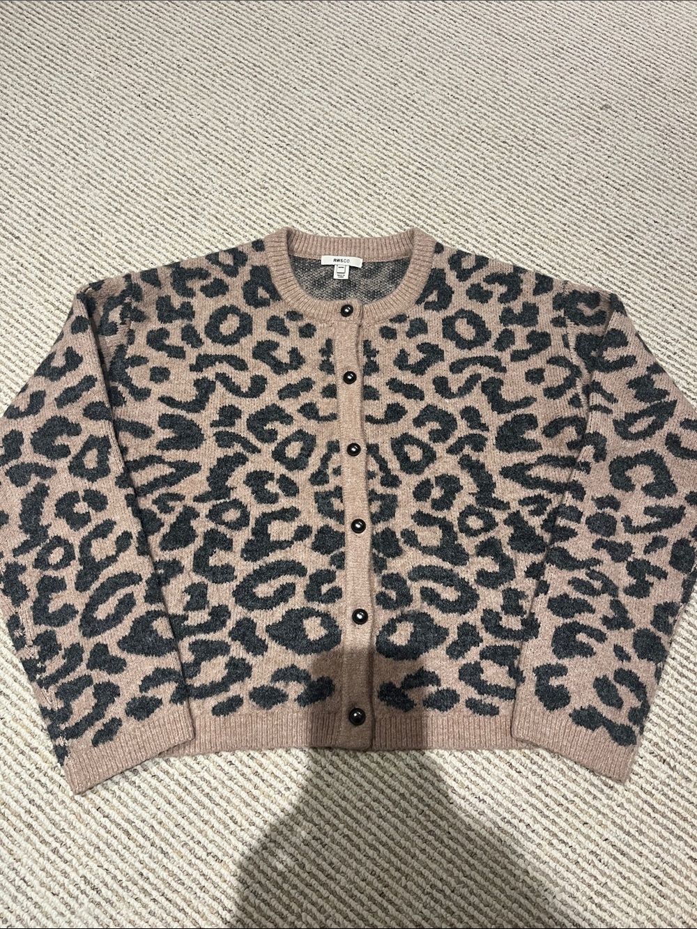 RW Leopard Print Crewneck Cardigan - Taupe/Black